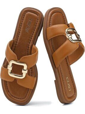 Women's All Brown Square Toe Flat Sandals Slides Dressy Comfortable for Beach